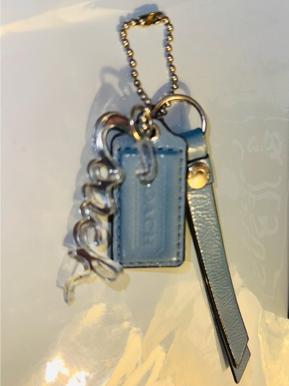 Coach Periwinkle Blue Leather Hangtag, Coach Poppy Script, Tassle, Silver - EUC - Picture 5 of 8